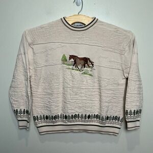 Le Moda Horse Sweater Mens XL Cream Textured Knit Embroidered Scenic Excellent